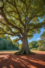 Majestic Ancient Oak Tree in a Sunlit Clearing Surrounded by Lush Forest.