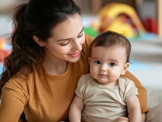 A loving mother smiles at her adorable baby, creating a warm and joyful atmosphere at home during playtime with colorful toys around.