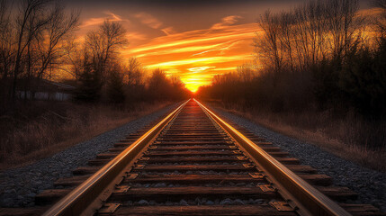 Fototapeta premium Railroad Tracks Leading To Sunset Over Silhouetted Trees