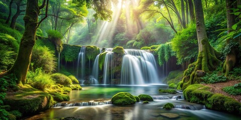 Fototapeta premium Enchanting forest glade with cascading waterfall Worm's Eye View