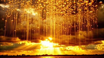 Naklejka premium Golden Lights and Strings of Light Raining Down During Sunset Over Water