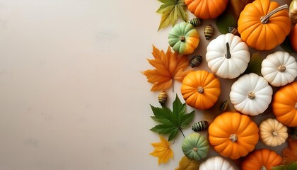 Flat lay of fresh pumpkins in various colors and sizes with autumn leaves arranged on a light background. Generative AI