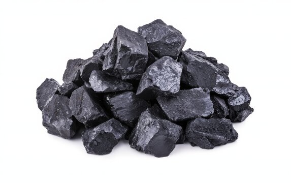 Rough and textured coal pieces piled on a white background, showcasing natural energy materials with a focus on their raw form