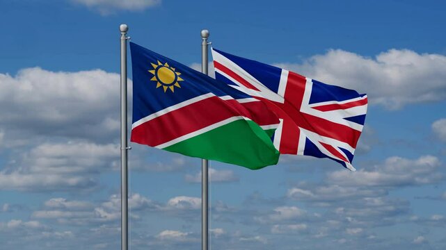 United Kingdom and Namibia flags flying together, video concept of the relationship, two country cooperation concept