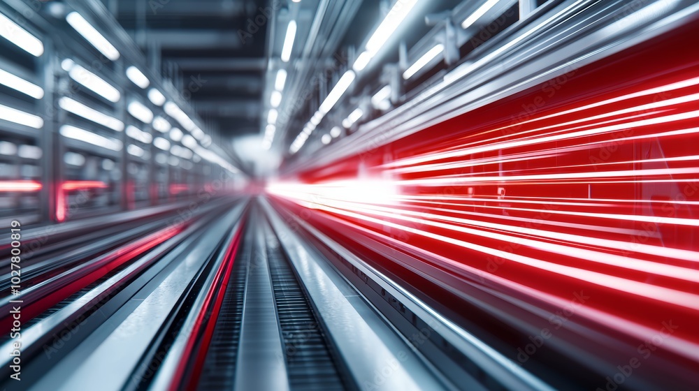 Aufkleber advanced red laser cutting through a high-tech assembly line, highlighting precision engineering and