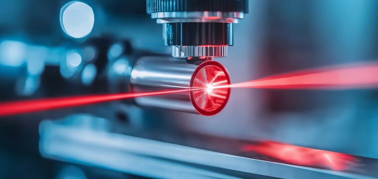 Close-up of a laser calibration system, featuring vibrant red light beams, representing precision, technology, and scientific advancements