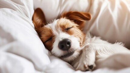Fototapeta na wymiar A delightful scene of a small dog nestled gently into white blankets, its expression of contentment and peace in its sleep showcases domestic warmth and security.