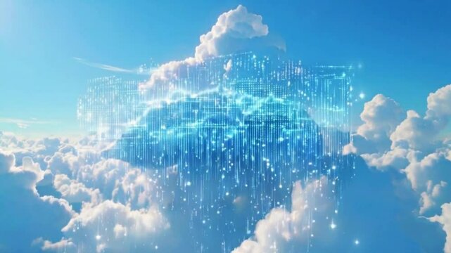 digital files being securely uploaded into a large, ethereal cloud structure in the sky. Use floating binary codes and graphs to complex data stored cloud, 4K High-Quality Animation Video