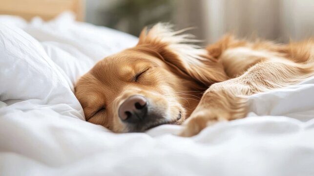 A serene image of a golden retriever resting peacefully on soft white bedding, capturing the essence of tranquility and comfort in a comfortable home environment.