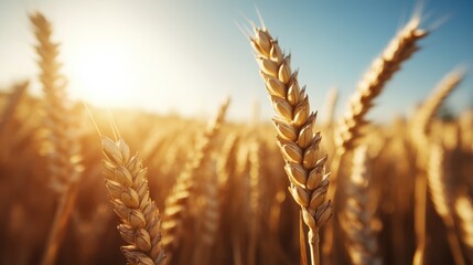 A breathtaking view of a golden wheat field under a clear blue sky, highlighted by sunlight, depicting natural beauty, serenity, and the essence of rural life.