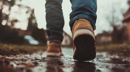 A single person's feet in boots stepping confidently through a muddy path, symbolizing determination, journey, and moving forward despite obstacles.