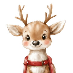 A cute, cartoon-style reindeer with big eyes and antlers, wearing a red collar and a cheerful expression, embodying a whimsical holiday spirit