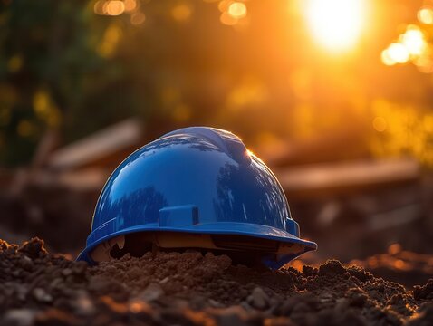 blue safety helmet positioned on a construction site ground, bathed in warm orange sunlight flare, symbolizing hard work and dedication in construction