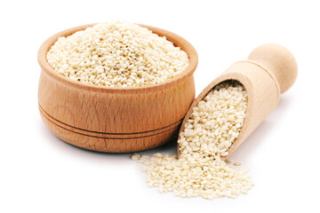 Sesame seeds in wooden scoop and bowl isolated on white background