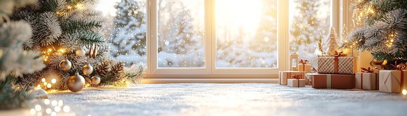 Cozy 3D Holiday Setting with Snowy Background