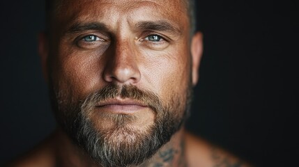 Fototapeta premium A detailed and intense portrait of a bearded adult man displaying a serious expression against a dark background, emphasizing ruggedness and personality through realistic textures.
