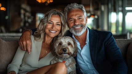An elderly couple, smiling and relaxed, embraces their small dog while seated in a modern living room, exuding warmth, companionship, and style.