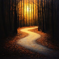 Winding path through a forest with autumn leaves and glowing sunset.
