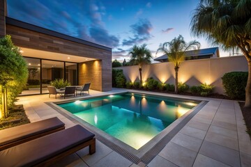 Silent and calm backyard with a pool at night featuring moody lighting reflected on the water, evening, calm, reflected, ambiance, dusk, relaxation, outdoor, quiet, stillness, tranquil