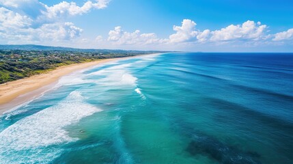 Drone view of a bright blue sea with waves splashing and a golden sandy beach stretching out under the sun