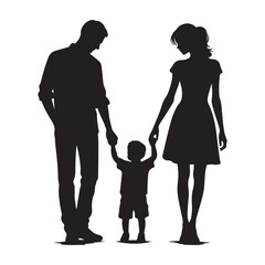 Parents and baby holding hands silhouette vector art illustration design black color white background