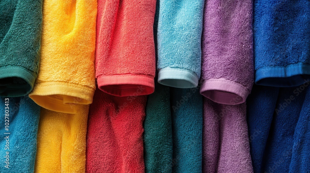 Poster an array of vibrant, fluffy towels are arranged in a visually pleasing order, representing a colorfu
