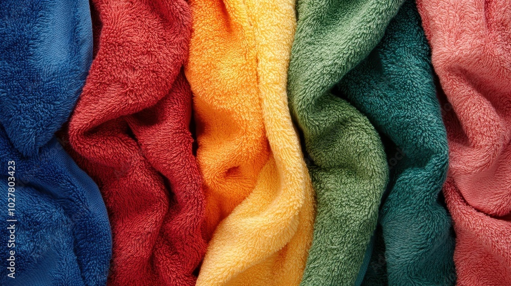Poster a dynamic image of vibrant colored towels with intricate folds and textures, showcasing the lively a