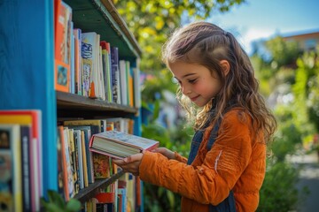 Little girl is smiling while choosing a book from a colorful street library on a sunny day