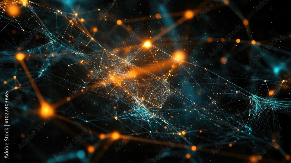 Poster dynamic abstract technology connections with intricate glowing elements and dark space