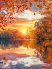 The vibrant colors of the sunset create a stunning reflection on the tranquil water, surrounded by autumn foliage. Generative AI