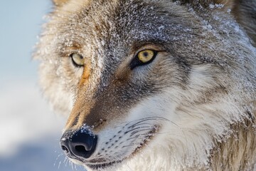 Obraz premium Close-up of a eurasian wolf with piercing yellow eyes and snow-dusted fur