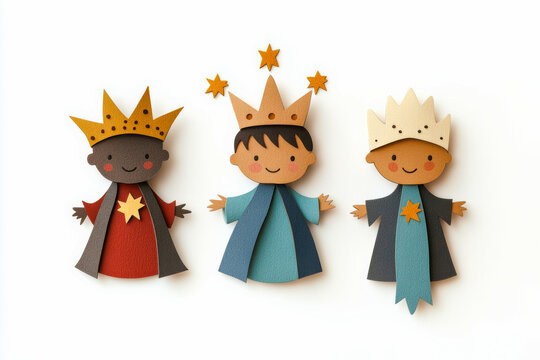 The three wise men, Epiphany day. Paper cut out. Isolated on white background.