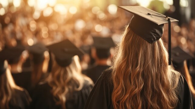 A group of graduates in black gowns and caps celebrate during a commencement ceremony, a milestone event marking the culmination of academic success and future hopes.