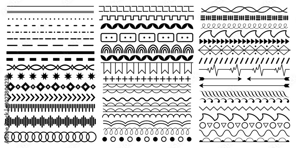 Fototapete border lines set. star, dot and wave frames, simple wavy beak design. square and circle interface di