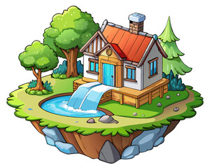 Peaceful Floating Cottage and Waterfall with Tree View