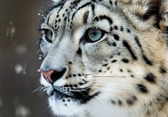 Fototapeta premium Snow leopard is illuminated by the sun on a cold snowy day