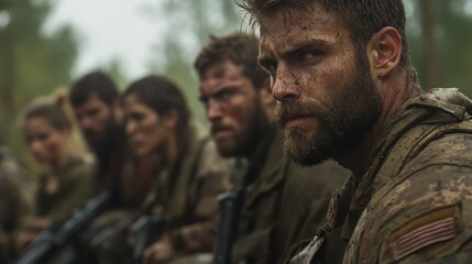 Fototapeta premium A group of soldiers in a forest setting, covered in dirt and grime, with intense, determined expressions, represents themes of endurance, struggle, and camaraderie.