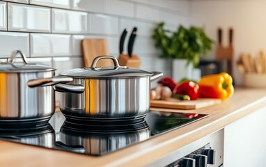 High-quality stainless steel cookware set on an induction stove, showcasing a shiny finish in a modern kitchen environment