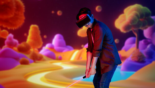 Skilled gamer wearing VR glasses while playing golf at metaverse or golf court with purple sky. Attractive golf player or athlete practicing sport skill while entering in simulated world. Ingenuity.