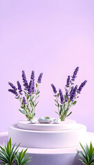 Fototapeta premium Decorative podium with lavender flowers and stones on lilac background isolated with white highlights, png