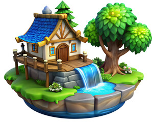 Rustic Floating Cottage with Waterfall and Tree