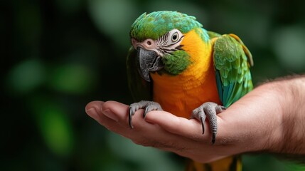 A vibrant parrot sits calmly on a person's hand, displaying brilliant green, yellow, and blue feathers against a soft background of natural greenery, exuding tranquility.