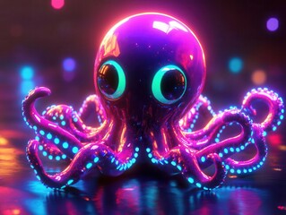 cute yet slightly eerie octopus character rendered in 3d, designed with vibrant neon colors against a dark background, blending whimsy with a hint of spookiness