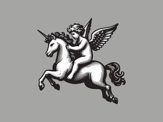 Fototapeta premium little baby angel cherub riding a unicorn. Old vintage engraving illustration. Hand drawn outline graphic. Logo, emblem, icon. Isolated object, cut out. black and white 