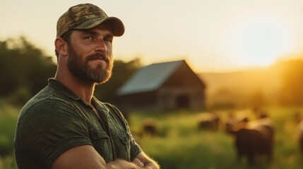 A bearded farmer in a casual outfit stands with arms crossed, confidently positioned in a sunlit pasture, with cattle and a rustic barn in the background.