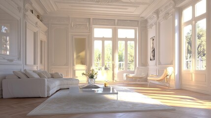 Fototapeta premium A spacious and luxurious living room with large windows, white walls, and a plush white sofa. The room is bathed in warm sunlight streaming in through the windows.