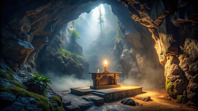 Enigmatic altar in cave surrounded by misty shadows