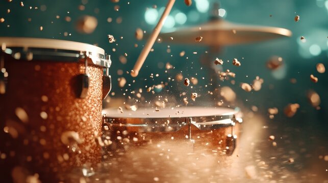 An energetic drum session is captured with flying particles, showcasing the passion and intensity of the drummer, highlighting the lively and dynamic nature of drumming.