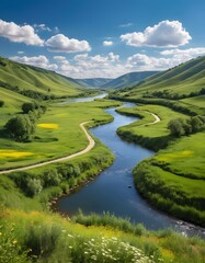 A river runs through a valley with wildflowers and trees
