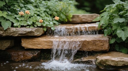 A delightful garden view with a waterfall tumbling over stone steps surrounded by blooming plants, capturing a perfect harmony of water, stone, and floral beauty.